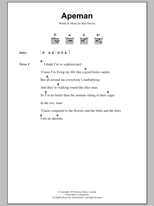 Download The Kinks Apeman Sheet Music and learn how to play Lyrics & Chords PDF digital score in minutes