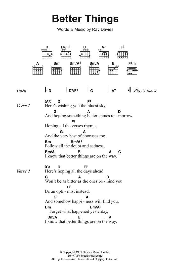 Download The Kinks Better Things Sheet Music and learn how to play Lyrics & Chords PDF digital score in minutes