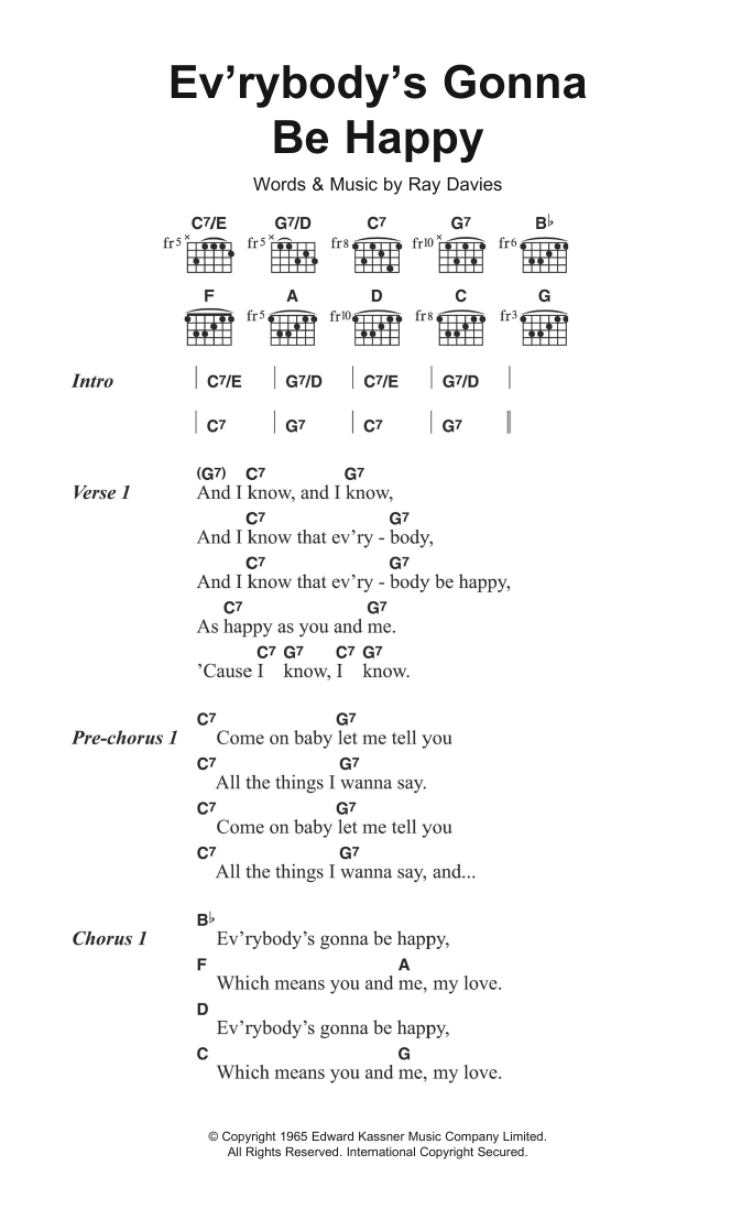 Download The Kinks Ev'rybody's Gonna Be Happy Sheet Music and learn how to play Lyrics & Chords PDF digital score in minutes