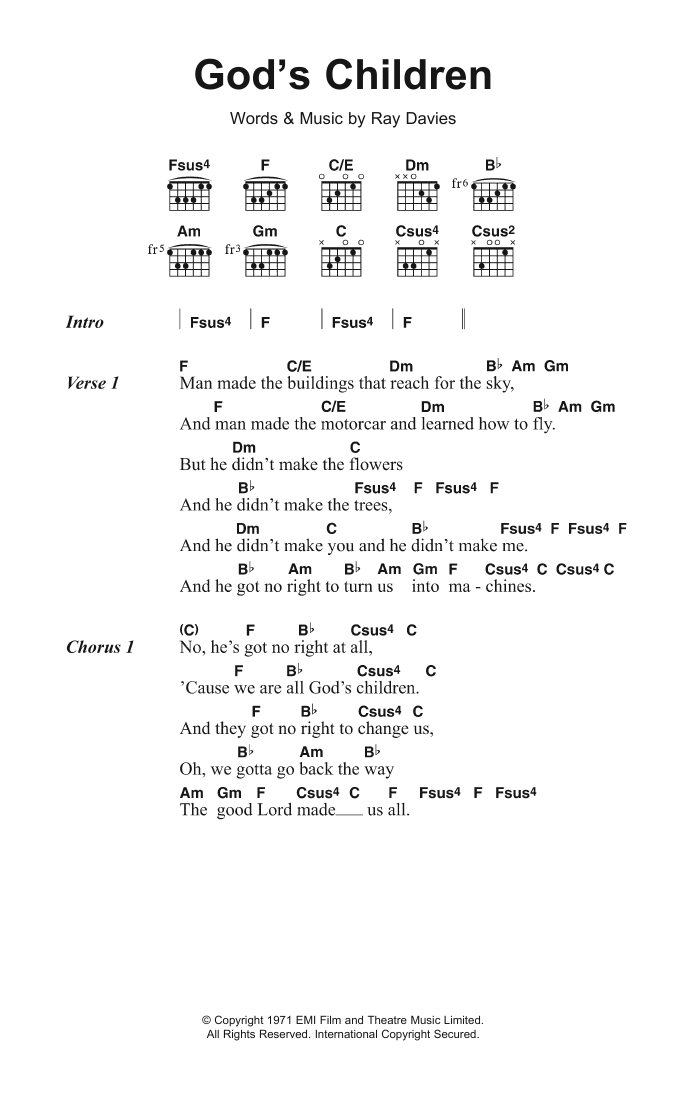 Download The Kinks God's Children Sheet Music and learn how to play Lyrics & Chords PDF digital score in minutes