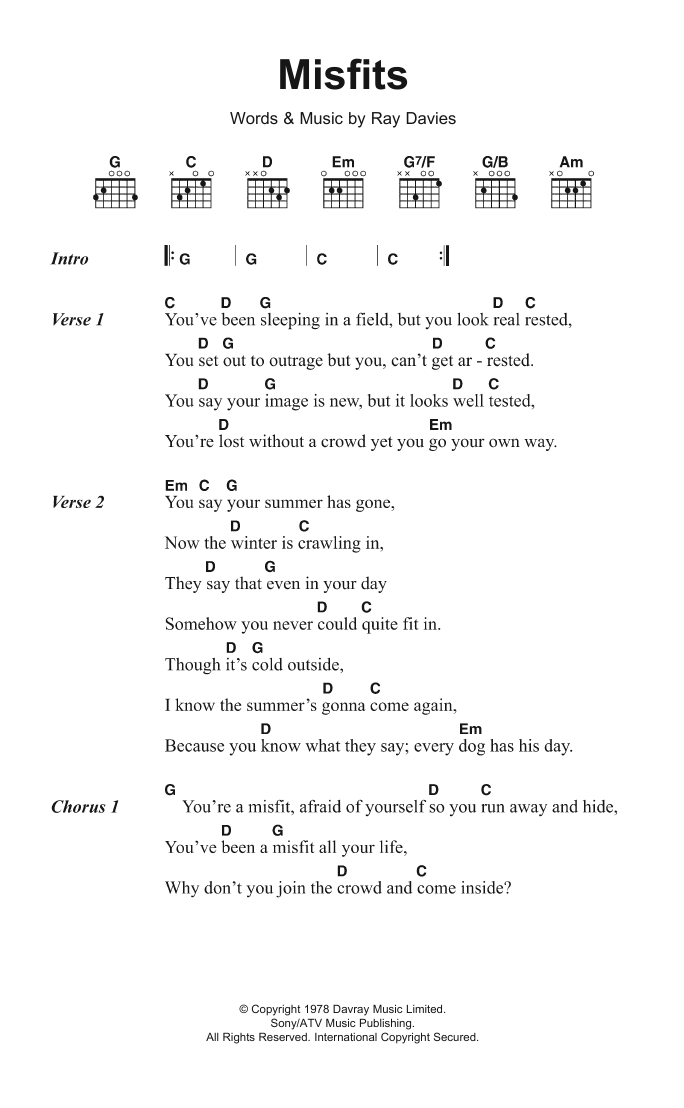 Download The Kinks Misfits Sheet Music and learn how to play Lyrics & Chords PDF digital score in minutes