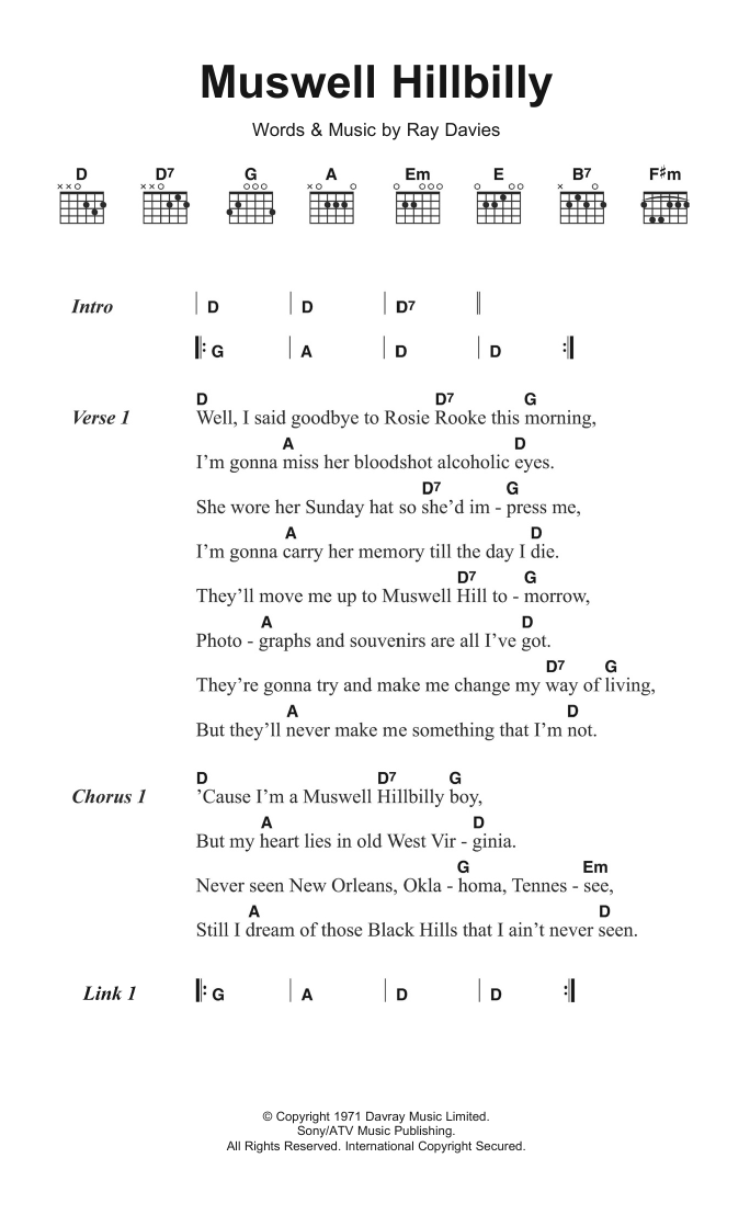 Download The Kinks Muswell Hillbilly Sheet Music and learn how to play Lyrics & Chords PDF digital score in minutes