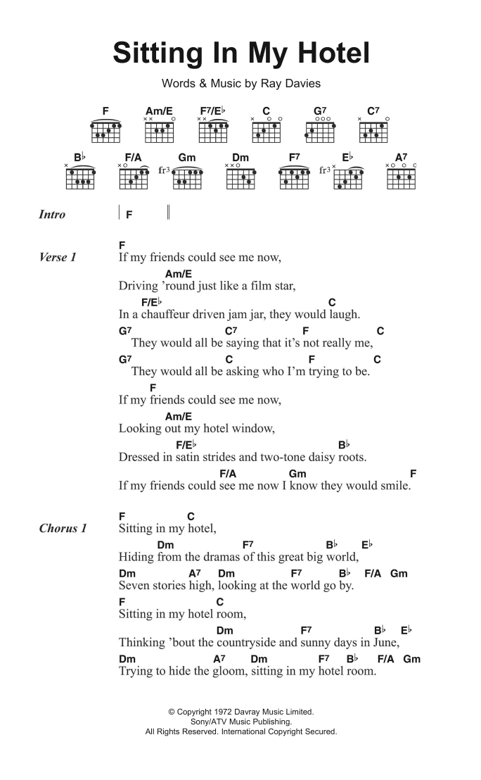 Download The Kinks Sitting In My Hotel Sheet Music and learn how to play Lyrics & Chords PDF digital score in minutes