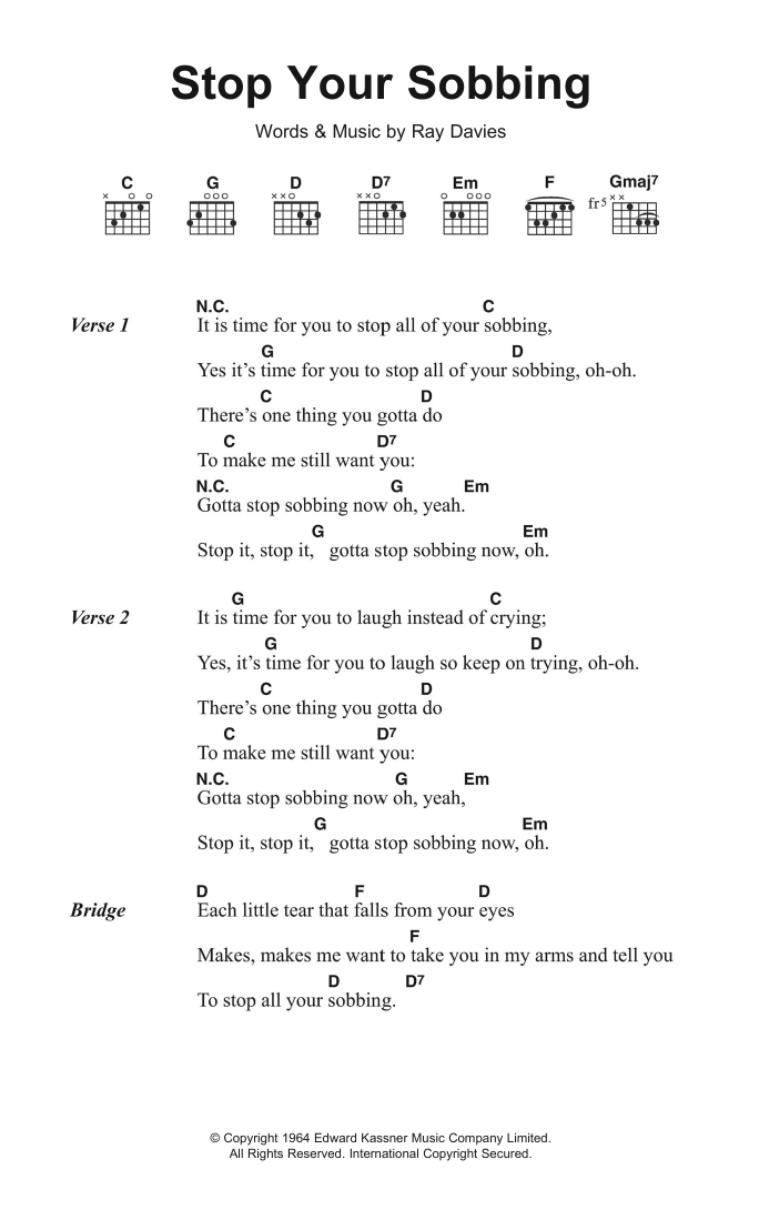 Download The Kinks Stop Your Sobbing Sheet Music and learn how to play Lyrics & Chords PDF digital score in minutes