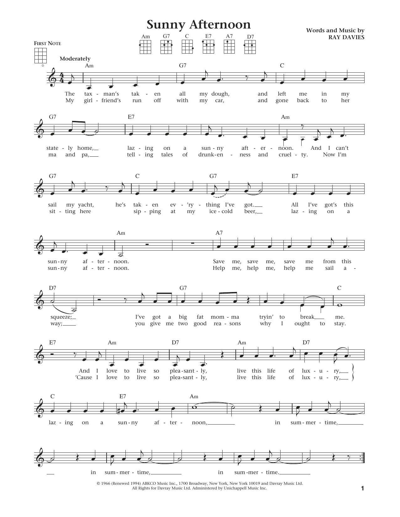 Download The Kinks Sunny Afternoon Sheet Music and learn how to play Ukulele PDF digital score in minutes