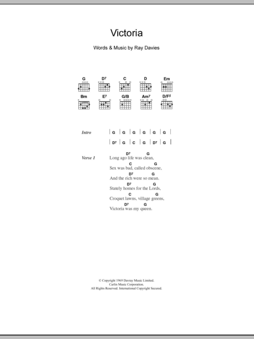 Download The Kinks Victoria Sheet Music and learn how to play Lyrics & Chords PDF digital score in minutes