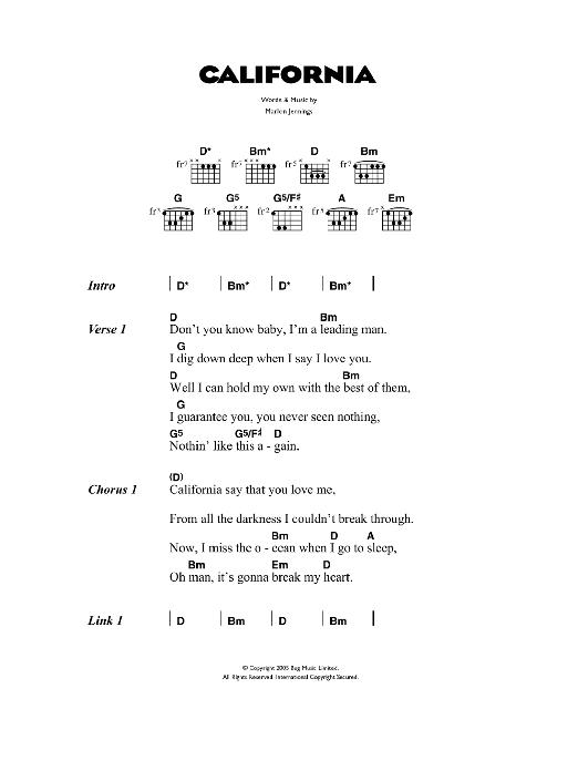 Download The Kooks California Sheet Music and learn how to play Lyrics & Chords PDF digital score in minutes