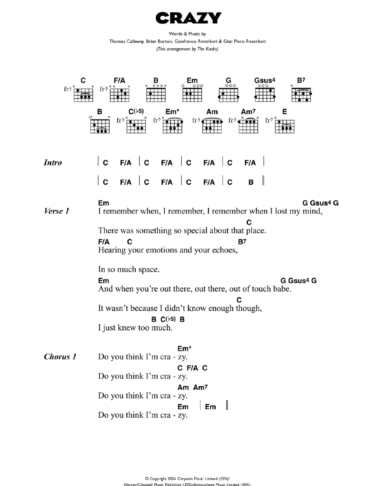 Download Gnarls Barkley Crazy Sheet Music and learn how to play Lyrics & Chords PDF digital score in minutes