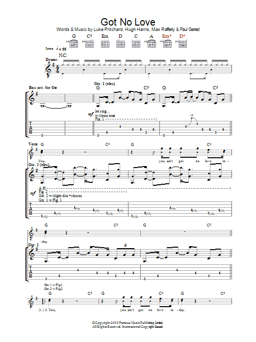 Download The Kooks Got No Love Sheet Music and learn how to play Guitar Tab PDF digital score in minutes