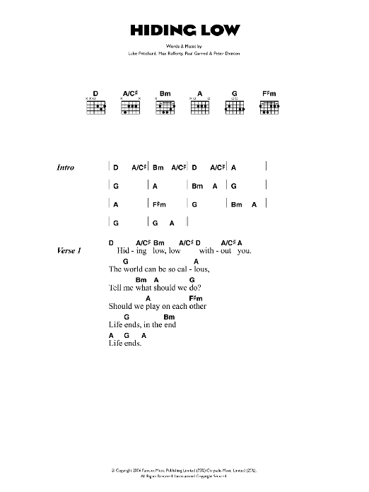 Download The Kooks Hiding Low Sheet Music and learn how to play Lyrics & Chords PDF digital score in minutes