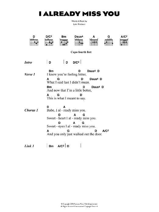Download The Kooks I Already Miss You Sheet Music and learn how to play Lyrics & Chords PDF digital score in minutes