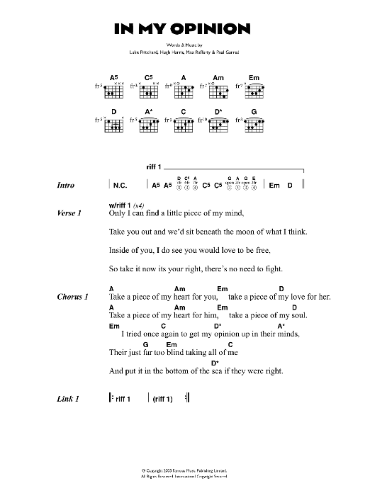 Download The Kooks In My Opinion Sheet Music and learn how to play Lyrics & Chords PDF digital score in minutes