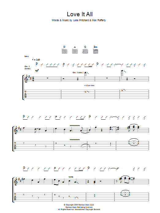 Download The Kooks Love It All Sheet Music and learn how to play Guitar Tab PDF digital score in minutes
