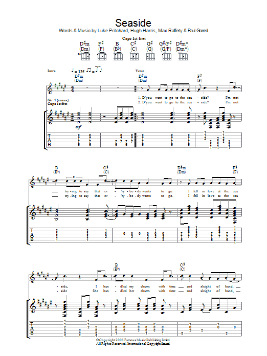 Download The Kooks Seaside Sheet Music and learn how to play Guitar Tab PDF digital score in minutes