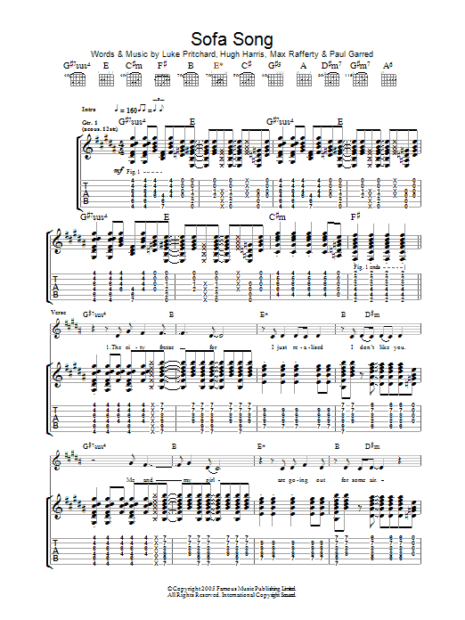 Download The Kooks Sofa Song Sheet Music and learn how to play Guitar Tab PDF digital score in minutes