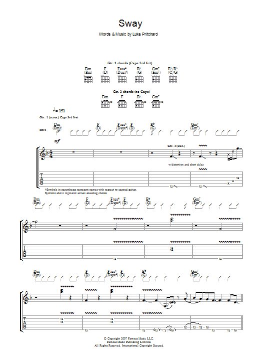 Download The Kooks Sway Sheet Music and learn how to play Guitar Tab PDF digital score in minutes