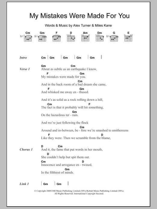 Download The Last Shadow Puppets My Mistakes Were Made For You Sheet Music and learn how to play Lyrics & Chords PDF digital score in minutes