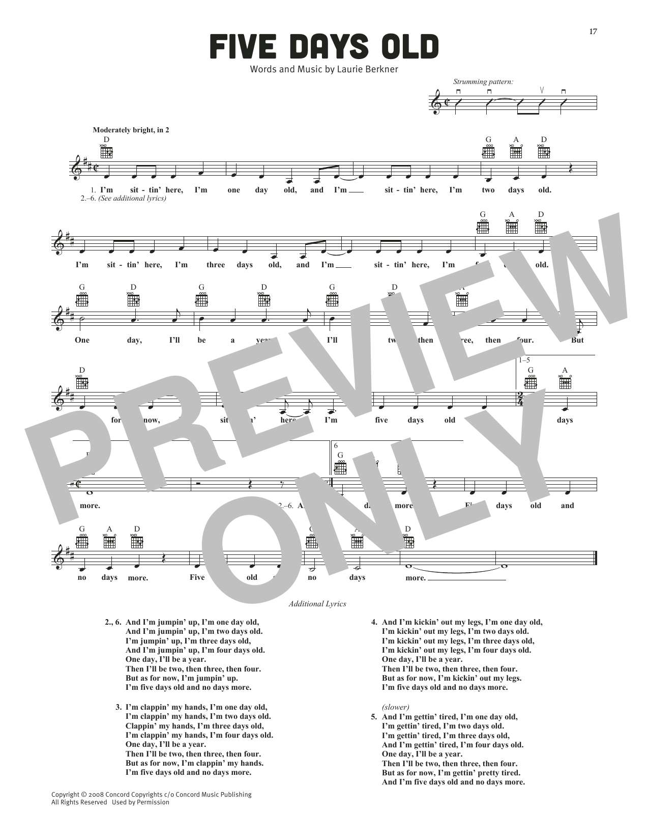 Download The Laurie Berkner Band Five Days Old Sheet Music and learn how to play Lead Sheet / Fake Book PDF digital score in minutes