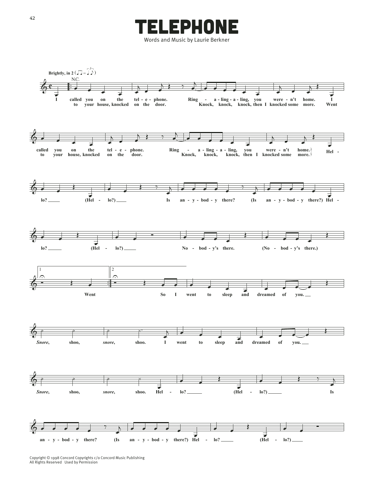 Download The Laurie Berkner Band Telephone Sheet Music and learn how to play Lead Sheet / Fake Book PDF digital score in minutes