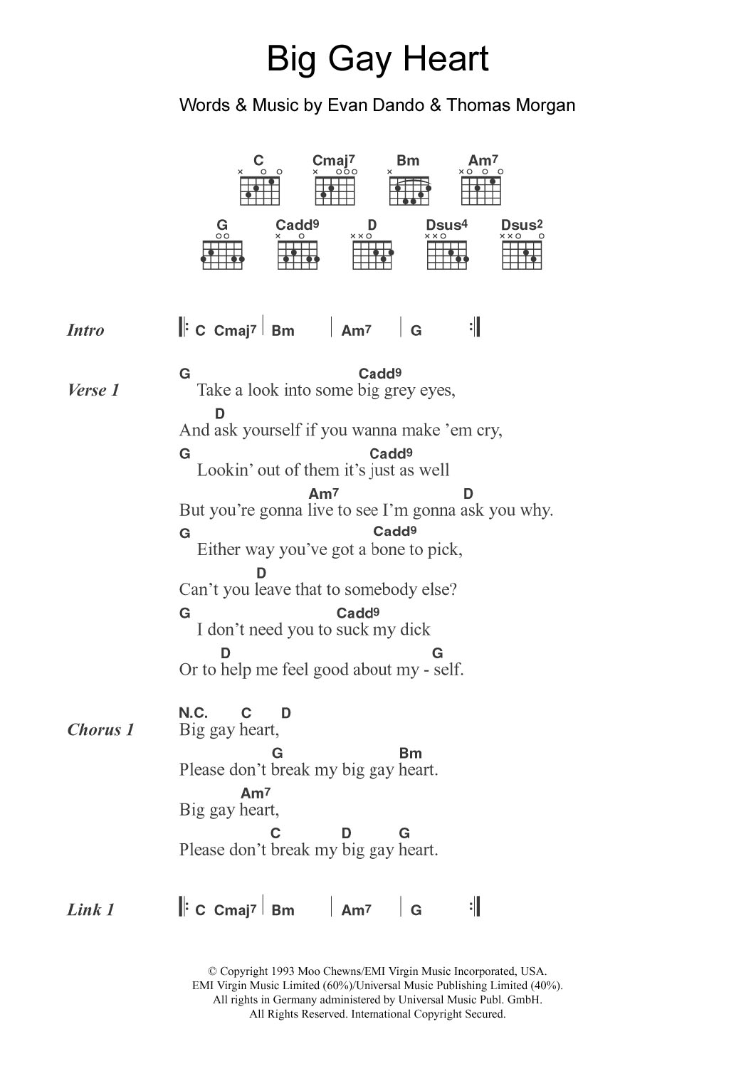 Download The Lemonheads Big Gay Heart Sheet Music and learn how to play Lyrics & Chords PDF digital score in minutes