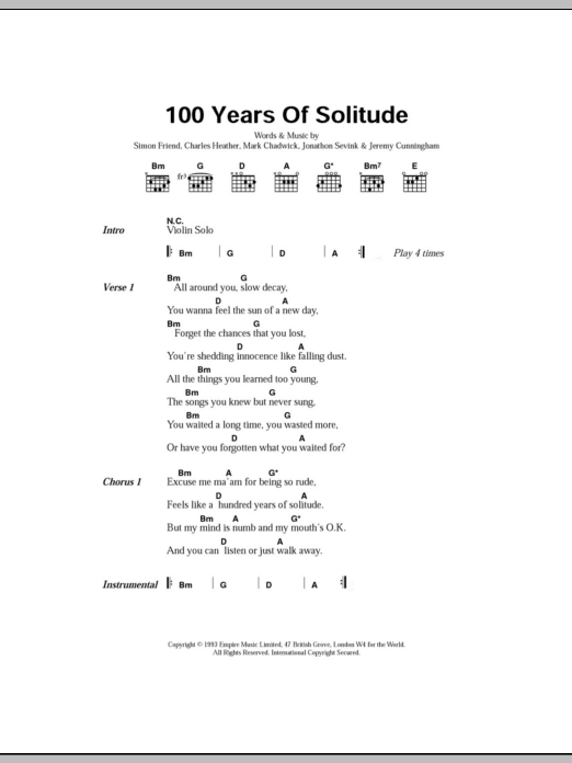 Download The Levellers 100 Years Of Solitude Sheet Music and learn how to play Lyrics & Chords PDF digital score in minutes