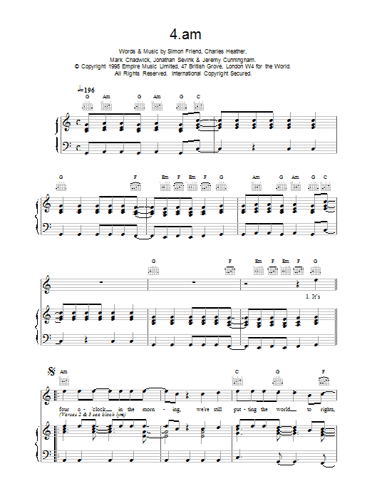 Download The Levellers 4am Sheet Music and learn how to play Lyrics & Chords PDF digital score in minutes