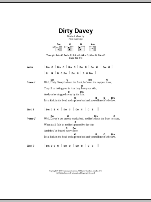 Download The Levellers Dirty Davey Sheet Music and learn how to play Lyrics & Chords PDF digital score in minutes