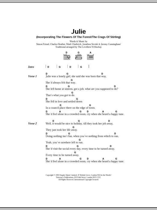 Download The Levellers Julie Sheet Music and learn how to play Lyrics & Chords PDF digital score in minutes