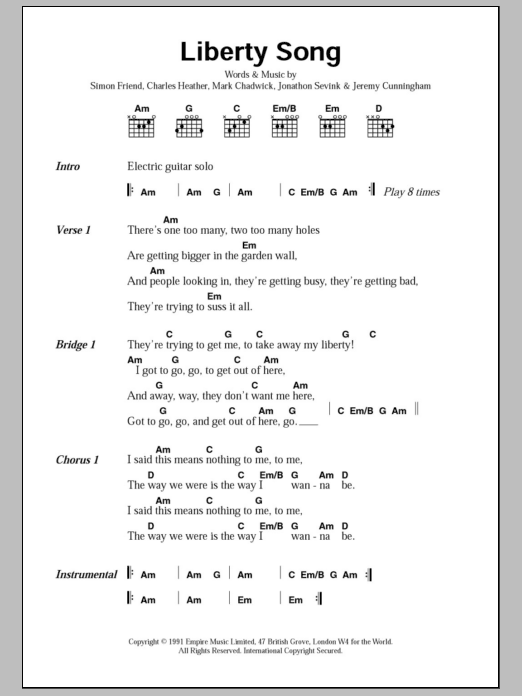 Download The Levellers Liberty Song Sheet Music and learn how to play Lyrics & Chords PDF digital score in minutes