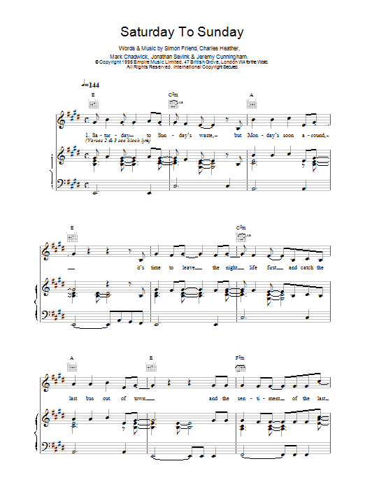 Download The Levellers Saturday To Sunday Sheet Music and learn how to play Piano, Vocal & Guitar (Right-Hand Melody) PDF digital score in minutes