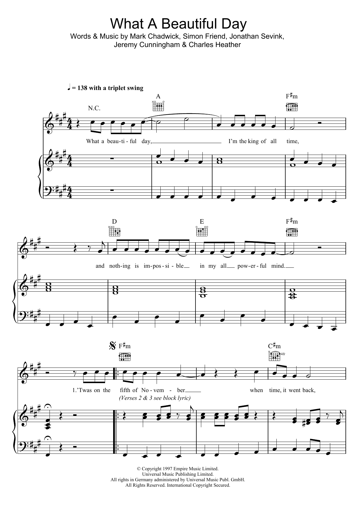 Download The Levellers What A Beautiful Day Sheet Music and learn how to play Piano, Vocal & Guitar PDF digital score in minutes