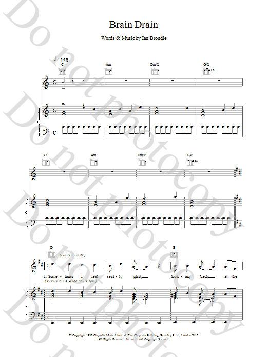 Download The Lightning Seeds Brain Drain Sheet Music and learn how to play Piano, Vocal & Guitar (Right-Hand Melody) PDF digital score in minutes