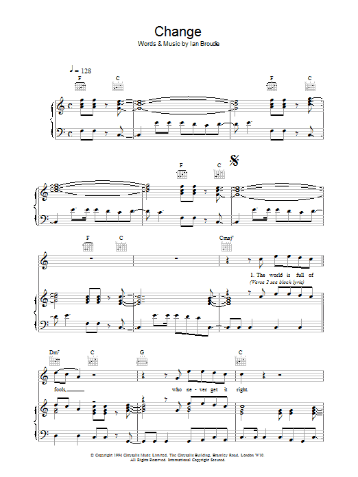 Download The Lightning Seeds Change Sheet Music and learn how to play Piano, Vocal & Guitar (Right-Hand Melody) PDF digital score in minutes