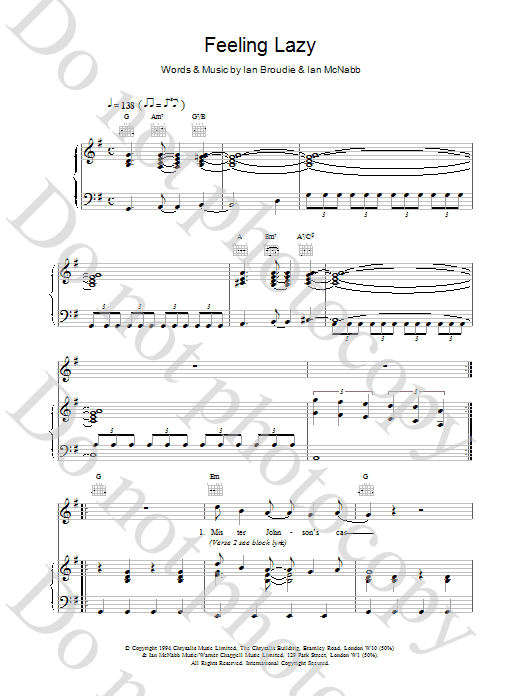 Download The Lightning Seeds Feeling Lazy Sheet Music and learn how to play Piano, Vocal & Guitar (Right-Hand Melody) PDF digital score in minutes