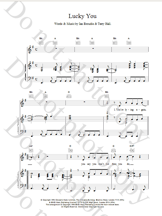Download The Lightning Seeds Lucky You Sheet Music and learn how to play Piano, Vocal & Guitar (Right-Hand Melody) PDF digital score in minutes