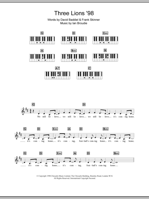 Download The Lightning Seeds Three Lions '98 (England's World Cup '98 Theme) Sheet Music and learn how to play Keyboard PDF digital score in minutes