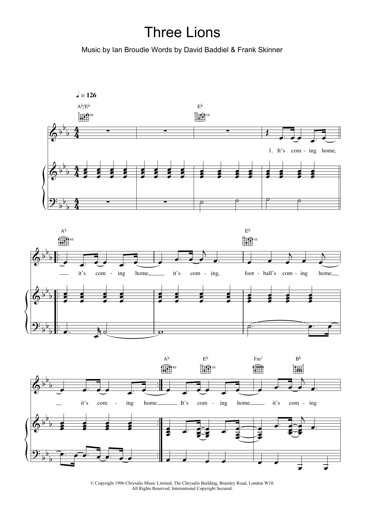 Download The Lightning Seeds Three Lions Sheet Music and learn how to play Piano, Vocal & Guitar (Right-Hand Melody) PDF digital score in minutes