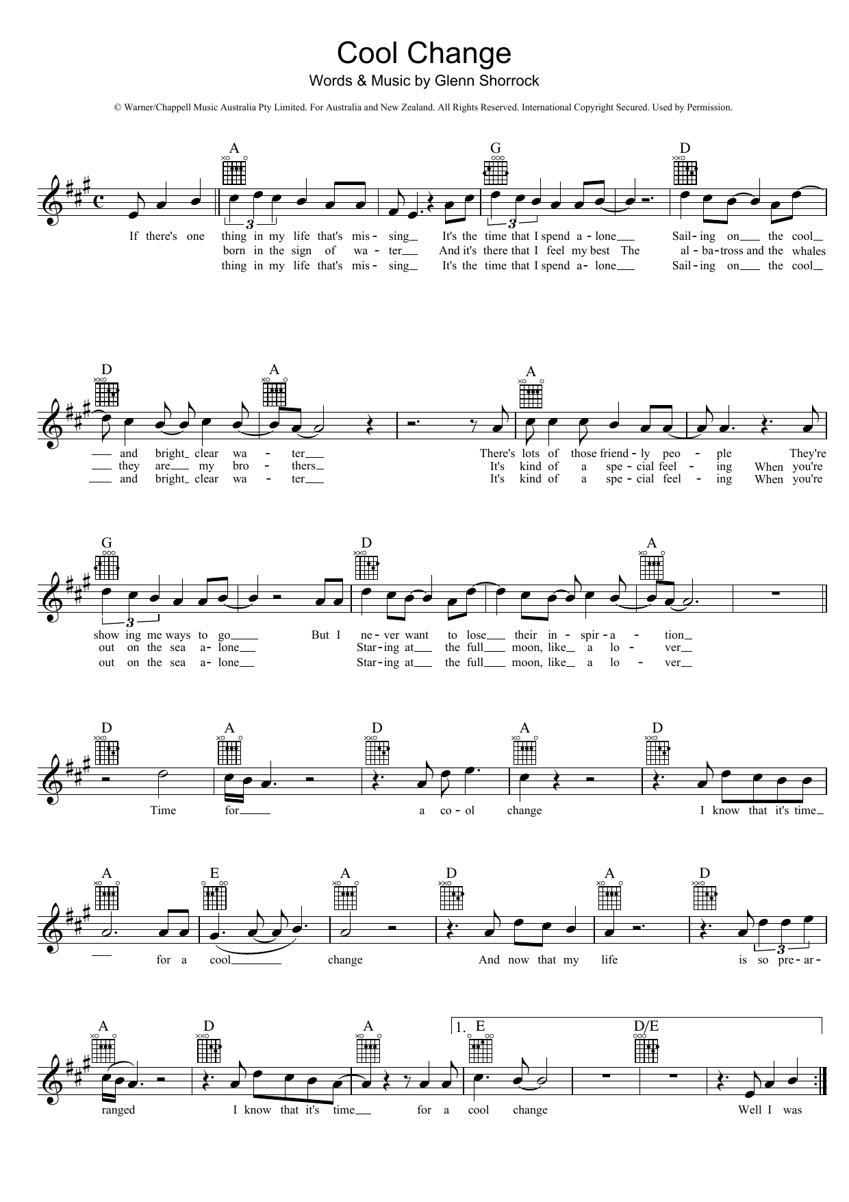 Download The Little River Band Cool Change Sheet Music and learn how to play Melody Line, Lyrics & Chords PDF digital score in minutes