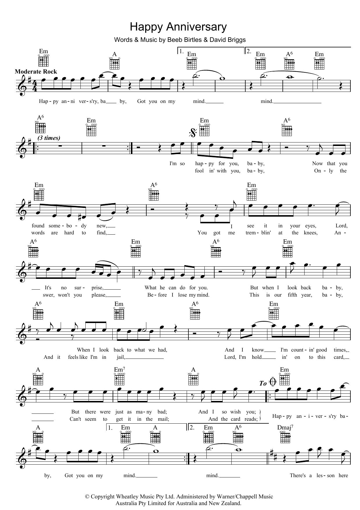 Download The Little River Band Happy Anniversary Sheet Music and learn how to play Melody Line, Lyrics & Chords PDF digital score in minutes