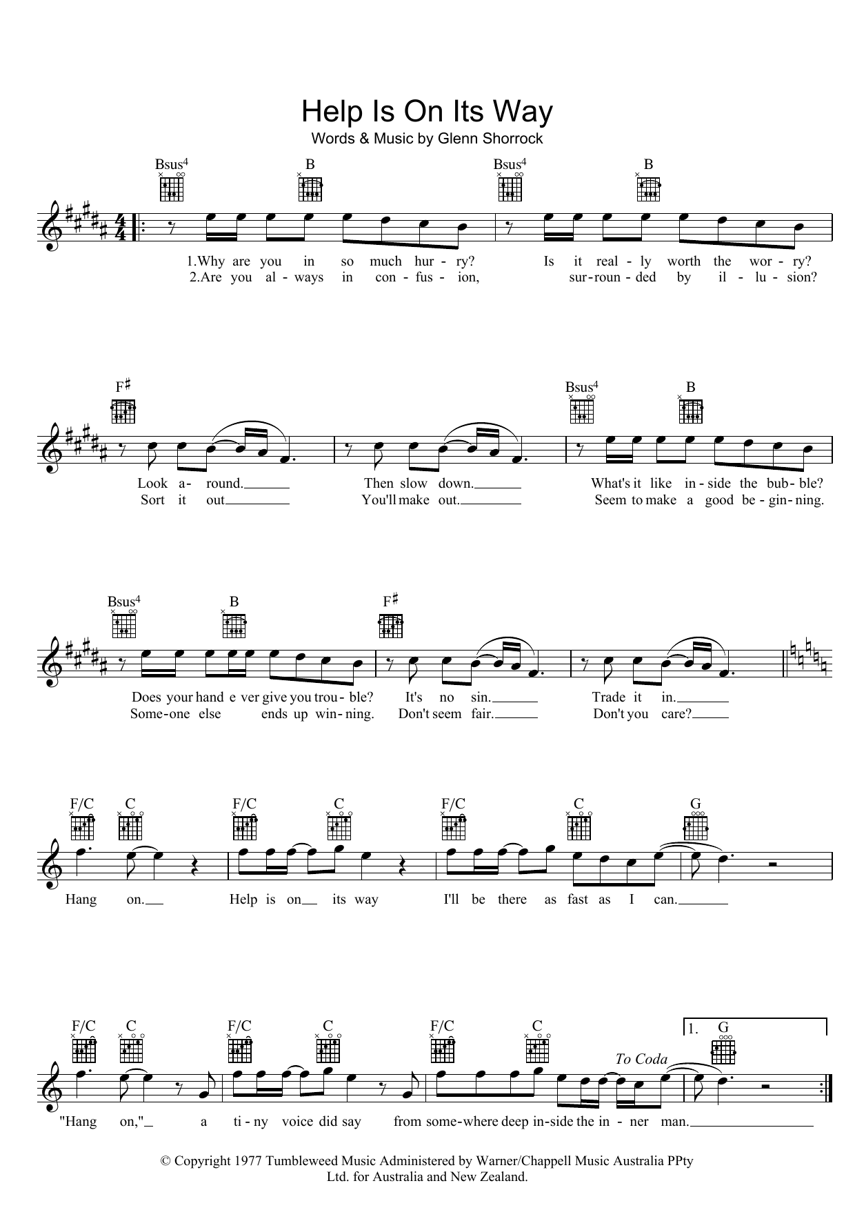 Download The Little River Band Help Is On Its Way Sheet Music and learn how to play Melody Line, Lyrics & Chords PDF digital score in minutes