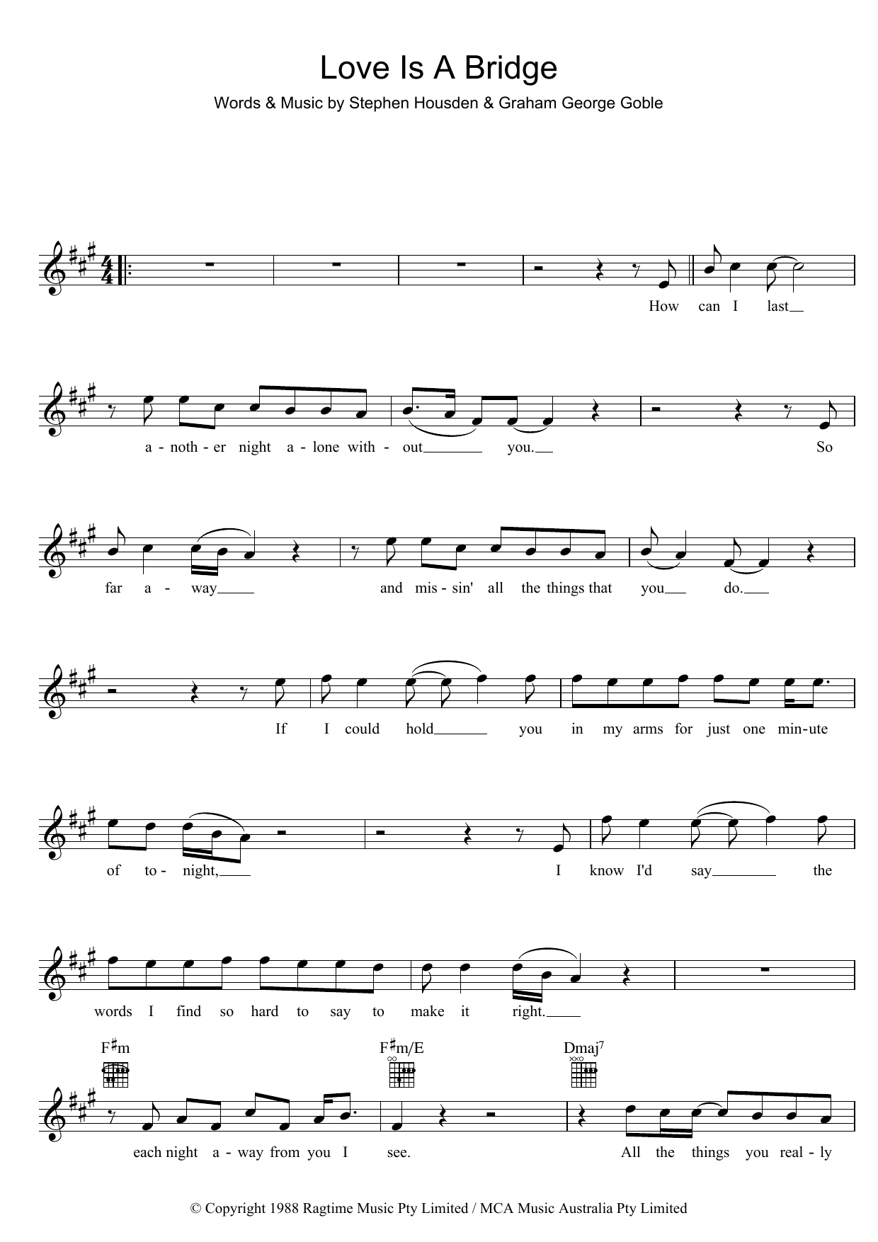 Download The Little River Band Love Is A Bridge Sheet Music and learn how to play Melody Line, Lyrics & Chords PDF digital score in minutes