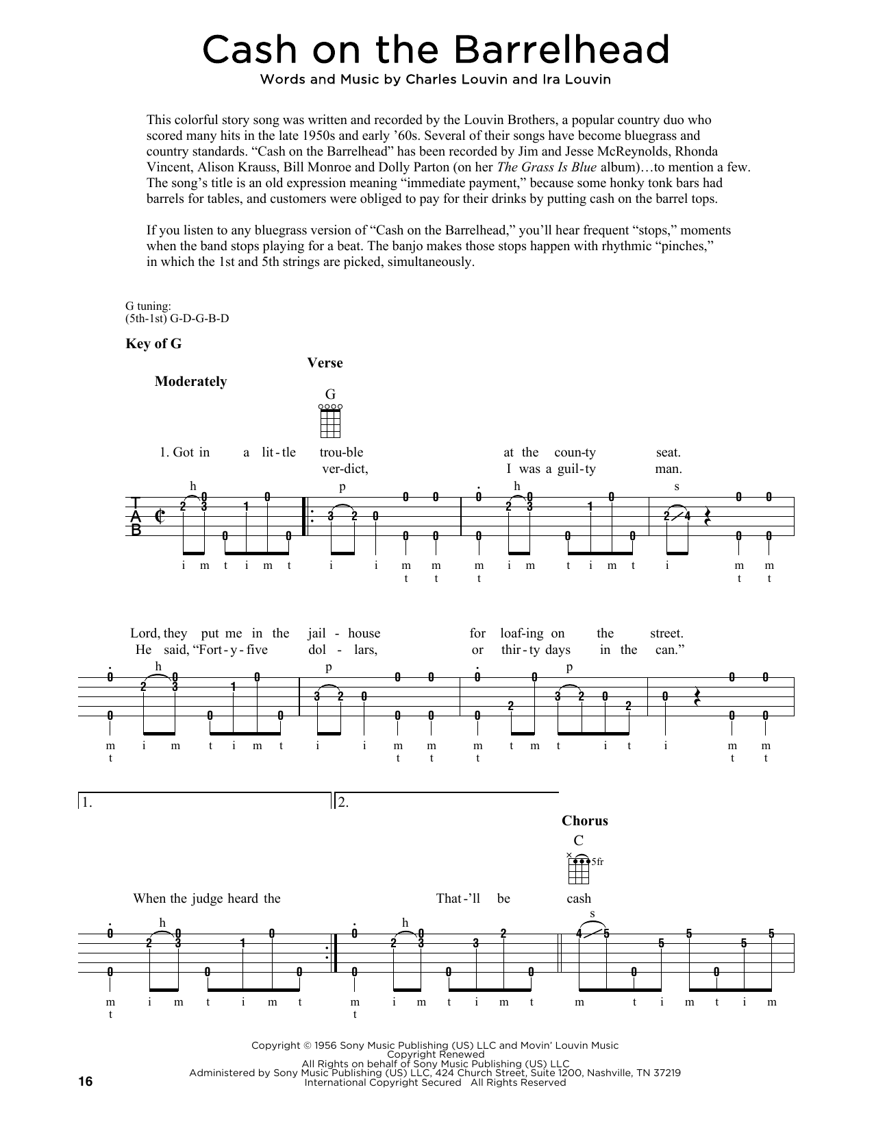 Download The Louvin Brothers Cash On The Barrelhead (arr. Fred Sokolow) Sheet Music and learn how to play Banjo Tab PDF digital score in minutes