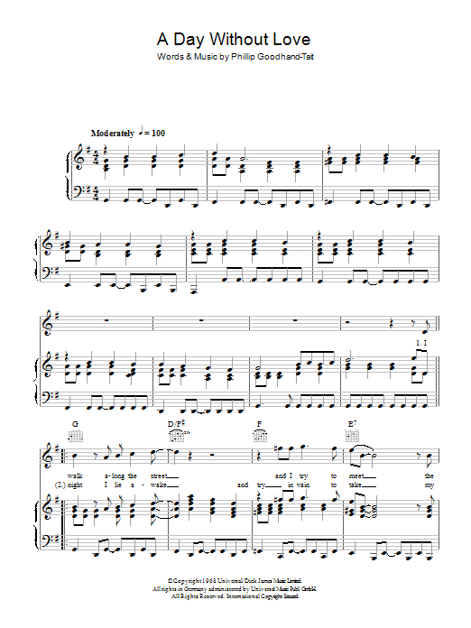 Download The Love Affair A Day Without Love Sheet Music and learn how to play Piano, Vocal & Guitar (Right-Hand Melody) PDF digital score in minutes