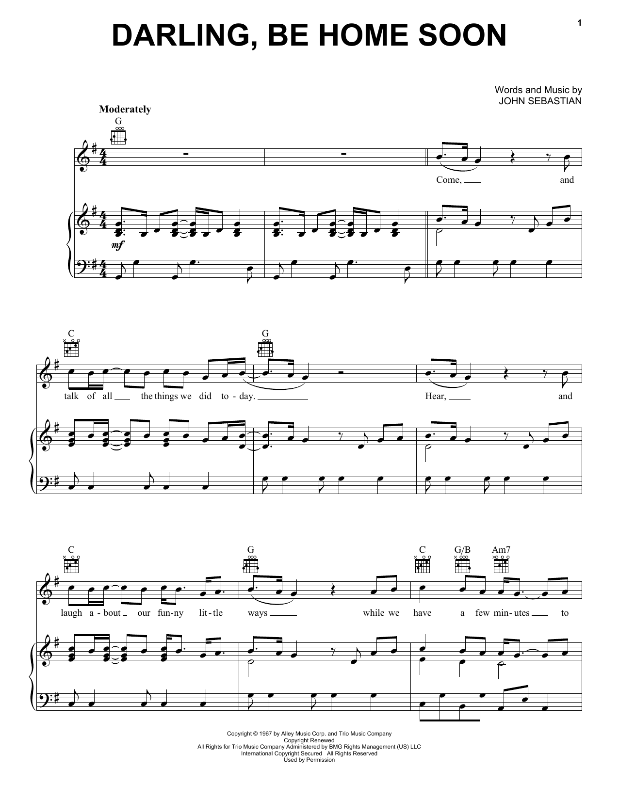 Download The Lovin' Spoonful Darling, Be Home Soon Sheet Music and learn how to play Piano, Vocal & Guitar (Right-Hand Melody) PDF digital score in minutes