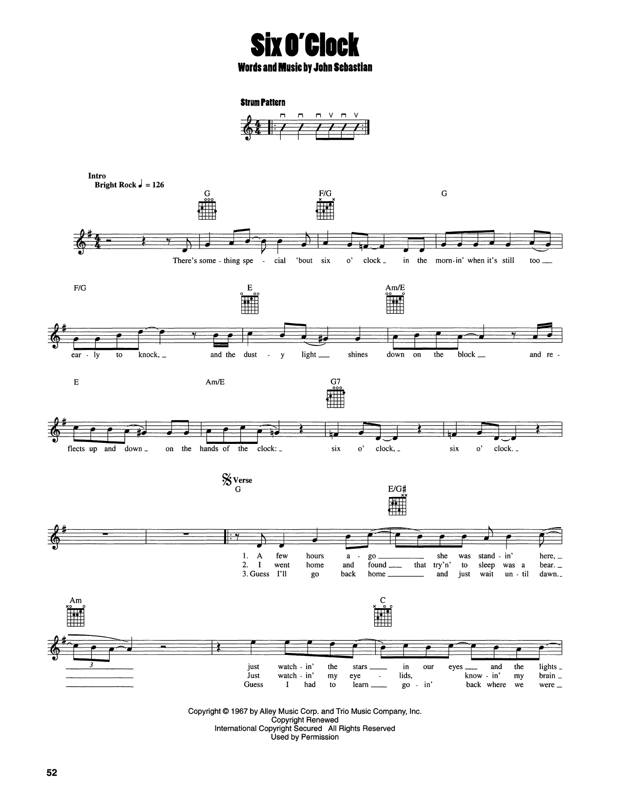 Download The Lovin' Spoonful Six O'Clock Sheet Music and learn how to play Easy Guitar PDF digital score in minutes