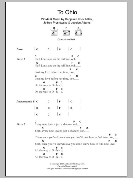 Download The Low Anthem To Ohio Sheet Music and learn how to play Lyrics & Chords PDF digital score in minutes