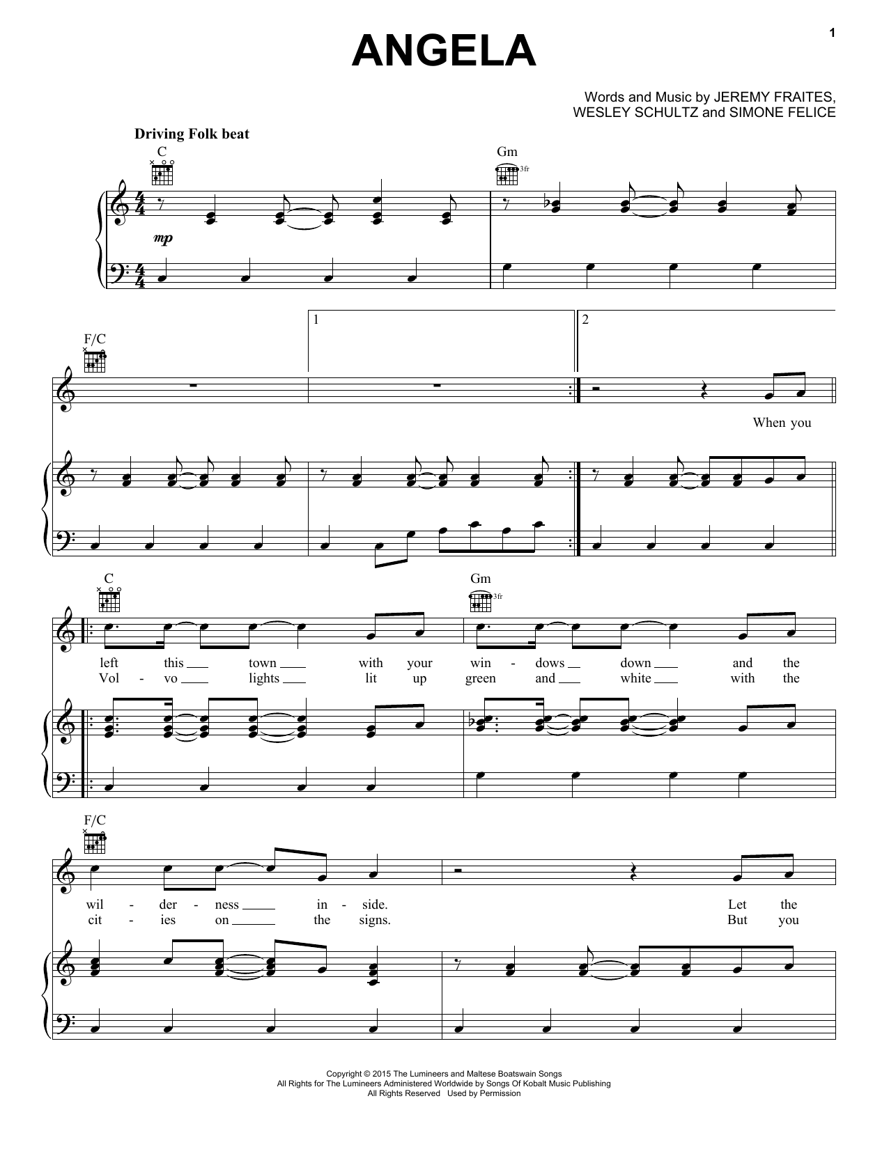 Download The Lumineers Angela Sheet Music and learn how to play Piano, Vocal & Guitar (Right-Hand Melody) PDF digital score in minutes