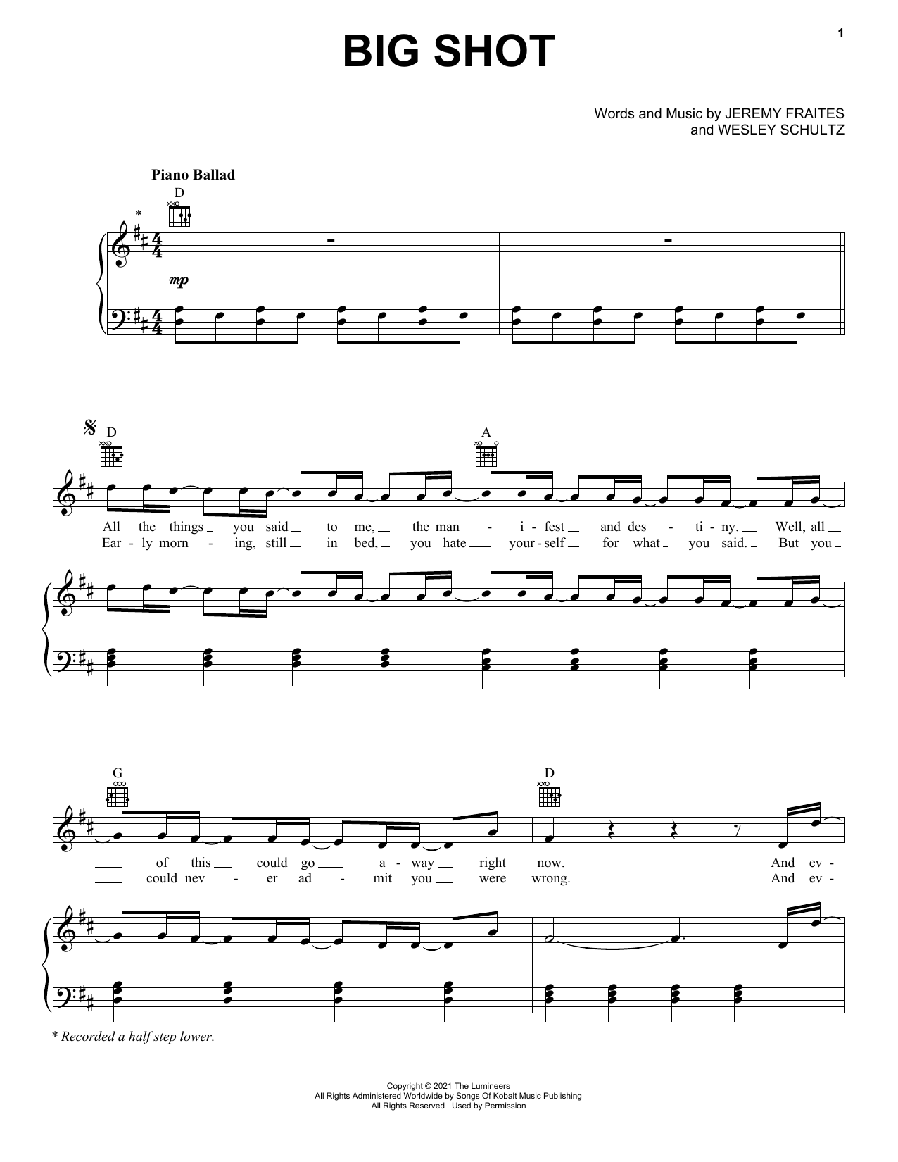 Download The Lumineers Big Shot Sheet Music and learn how to play Piano, Vocal & Guitar Chords (Right-Hand Melody) PDF digital score in minutes
