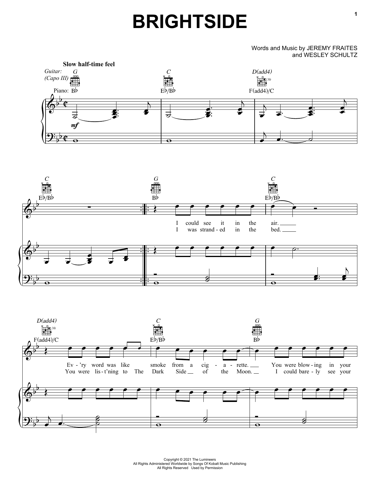 Download The Lumineers Brightside Sheet Music and learn how to play Easy Guitar Tab PDF digital score in minutes