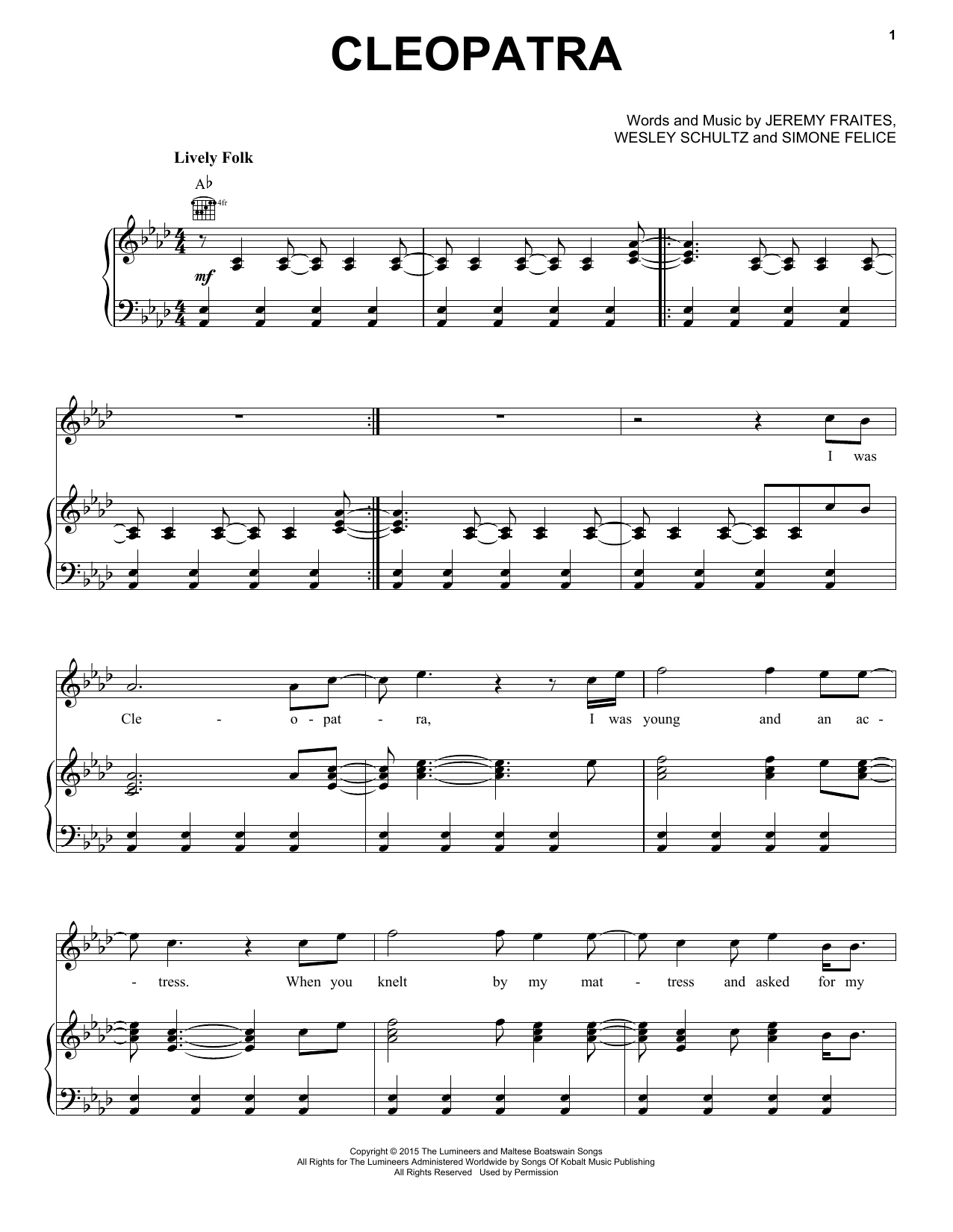 Download The Lumineers Cleopatra Sheet Music and learn how to play Easy Piano PDF digital score in minutes